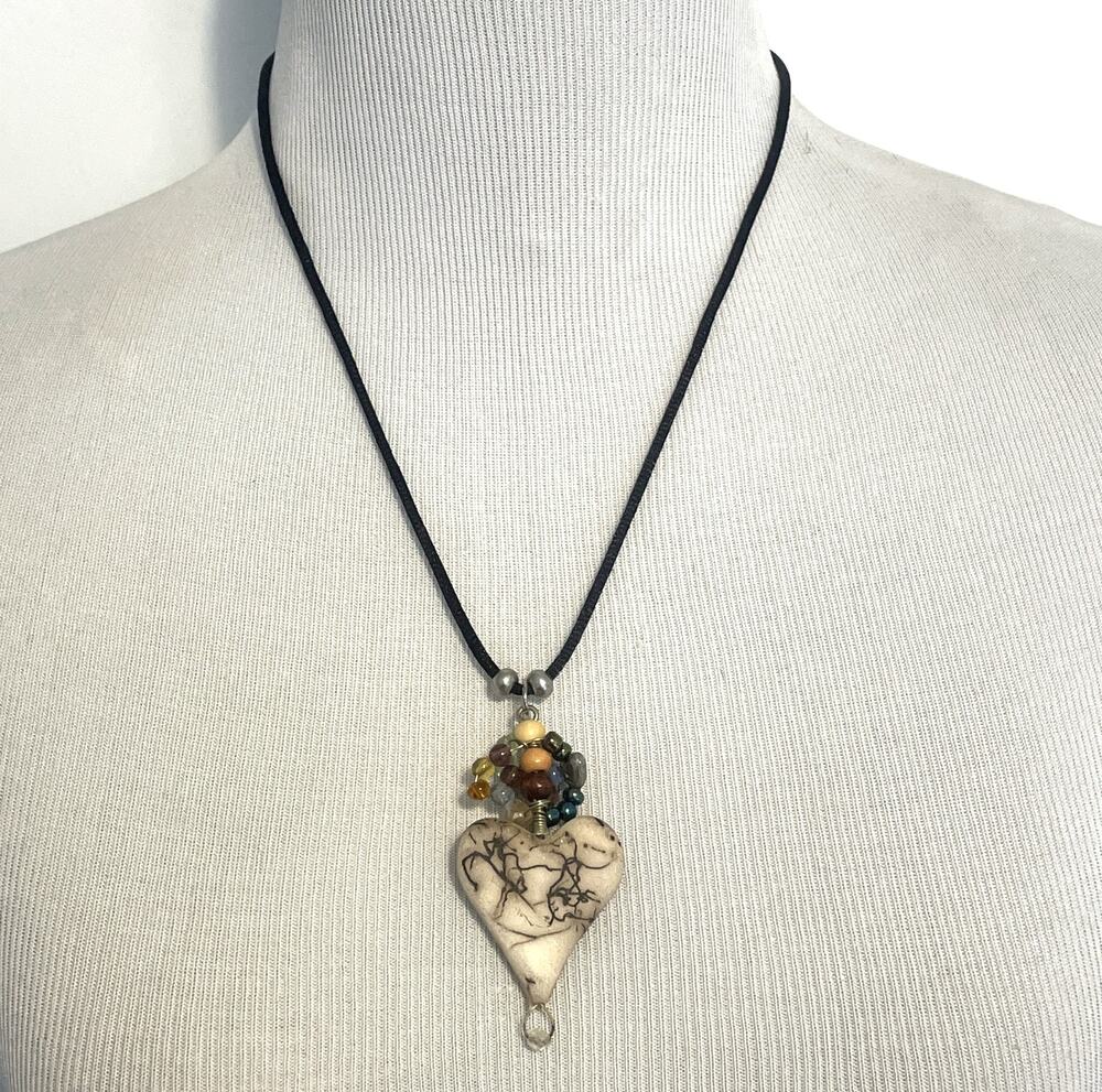 Heart & Beaded Pendant Necklace on Black Cord